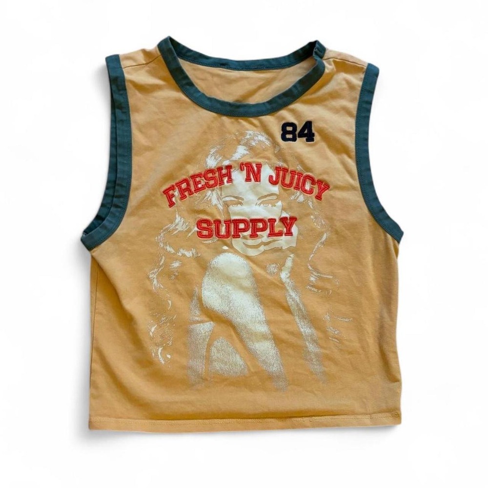 Fresh N Juicy Supply Yellow Graphic Tank Top Small Y2K Streetwear 84 Portrait
